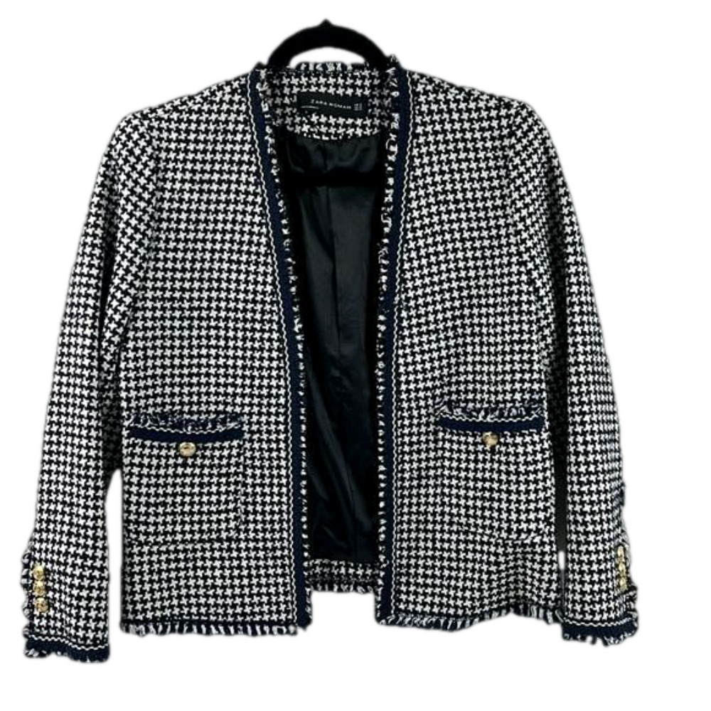 Zara Black & White Houndstooth Open-Front Blazer